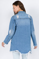 Trendy American Bazi Distressed Frayed Hem Denim Jacket - Edgy Vintage Style